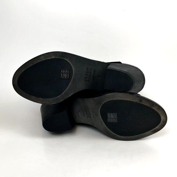 Eileen Fisher List Black Size 6 Peep Toe Ankle Booties Chunky Heel Nubuck Boho - Picture 7 of 8